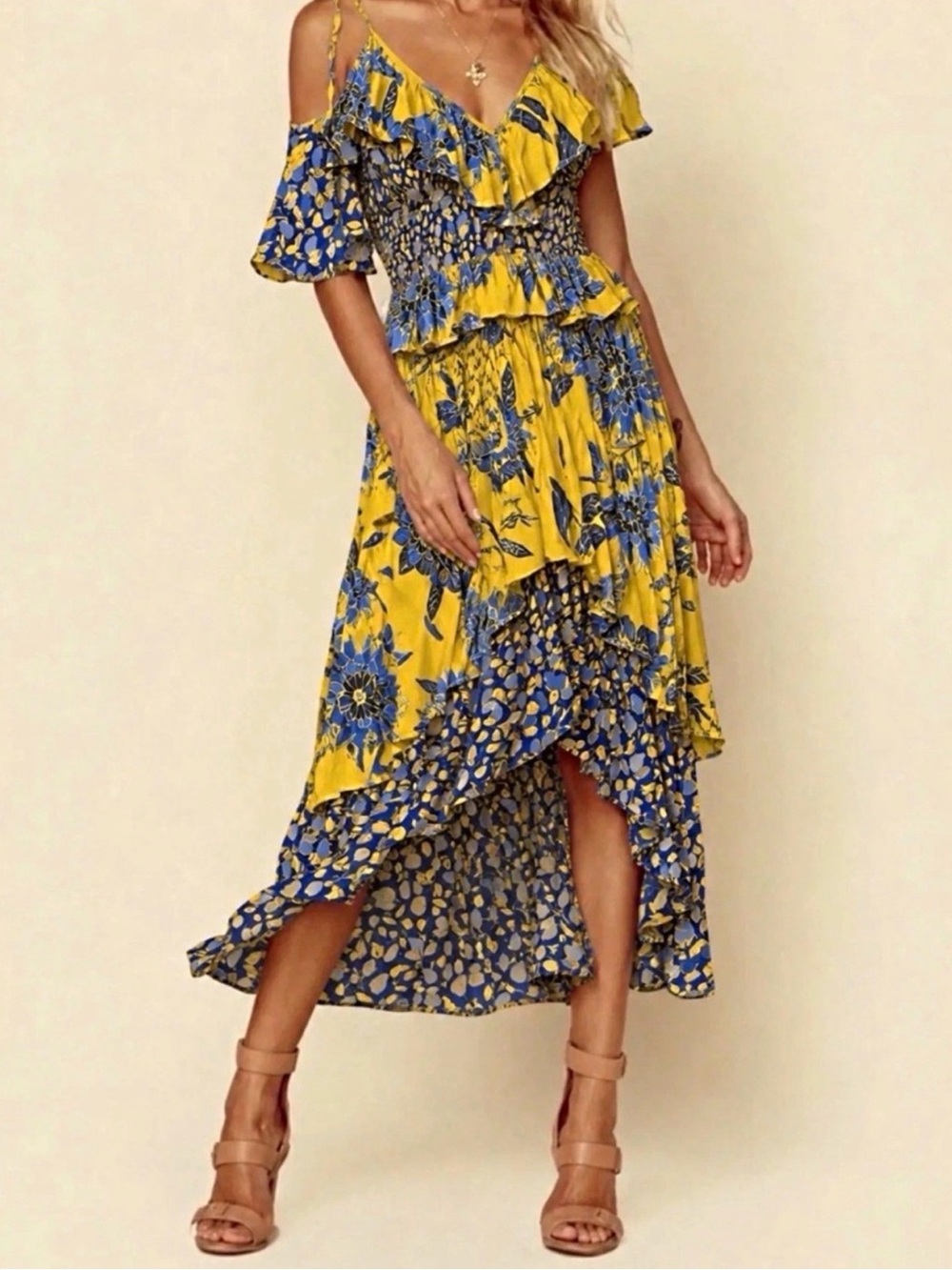 MISA Los Angeles Mila Floral Print Hi-Low Dress S
